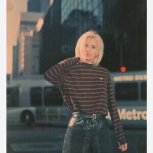 Joah Brown Boxy Long Sleeve Crew Neck Tee Shirt in Hot Sauce Striped Red & Black